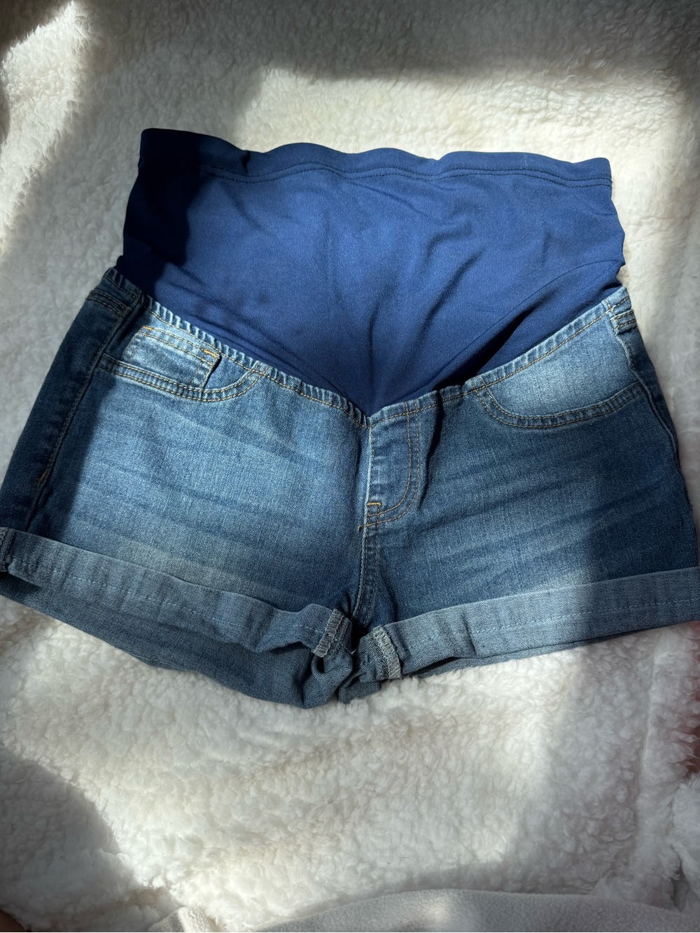SHEIN Maternity Denim Shorts with Navy Knit Waistband